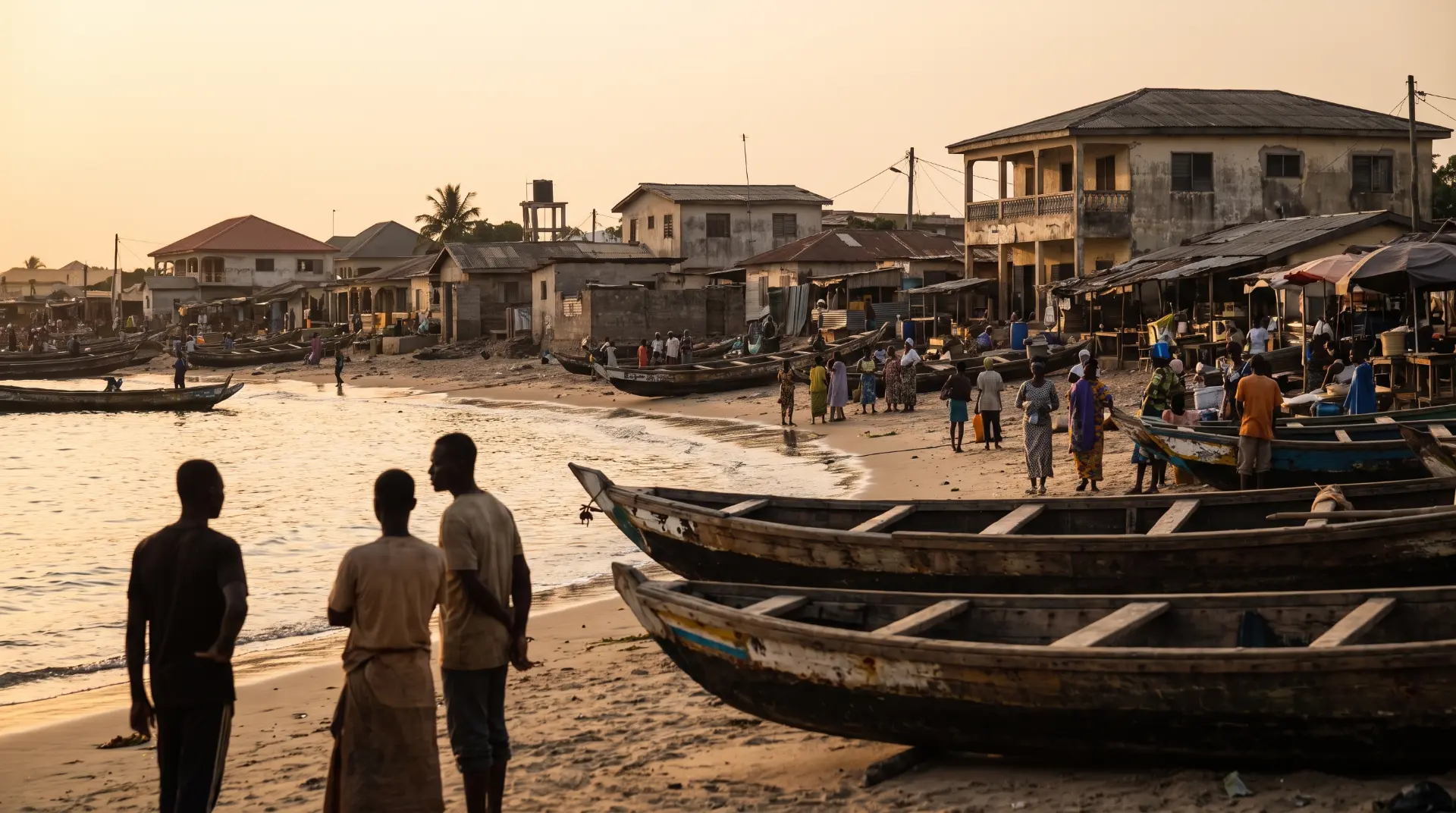 Communauté côtière au crépuscule, pirogues de pêche échouées sur la plage