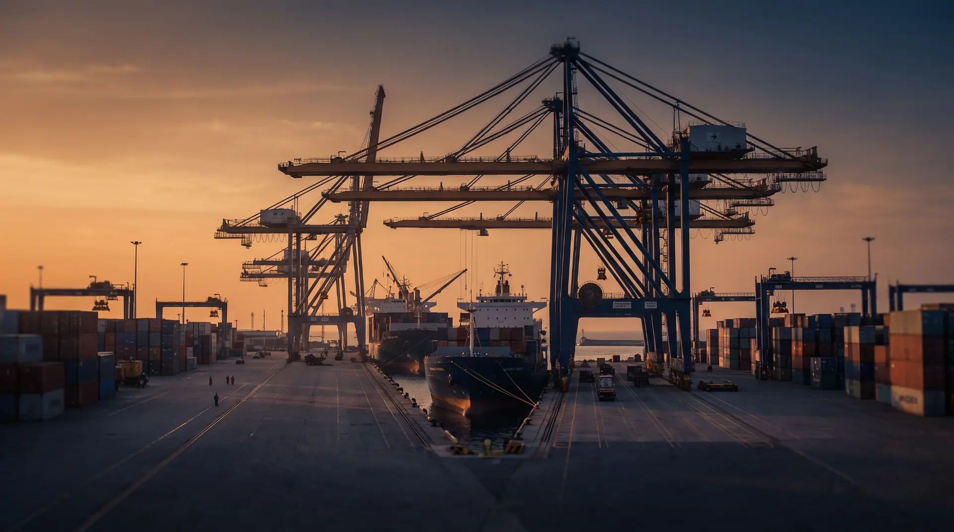 Terminal portuaire de Pointe-Noire à l'heure dorée, portiques et porte-conteneurs à quai
