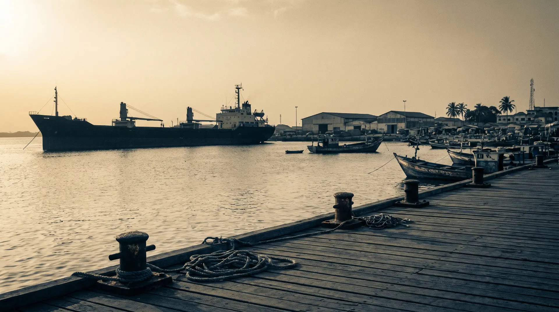 Quai de Pointe-Noire au crépuscule, cargo à quai et pirogues amarrées